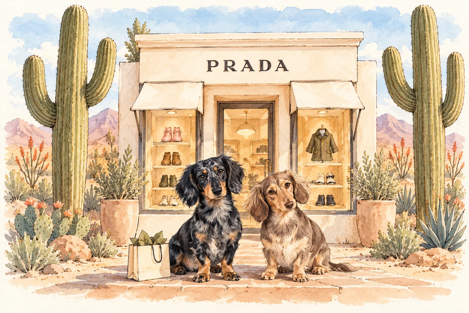 Imagined watercolor: Stowe and Arthur outside a tiny Prada boutique between two saguaros, with dog shoes in the windows