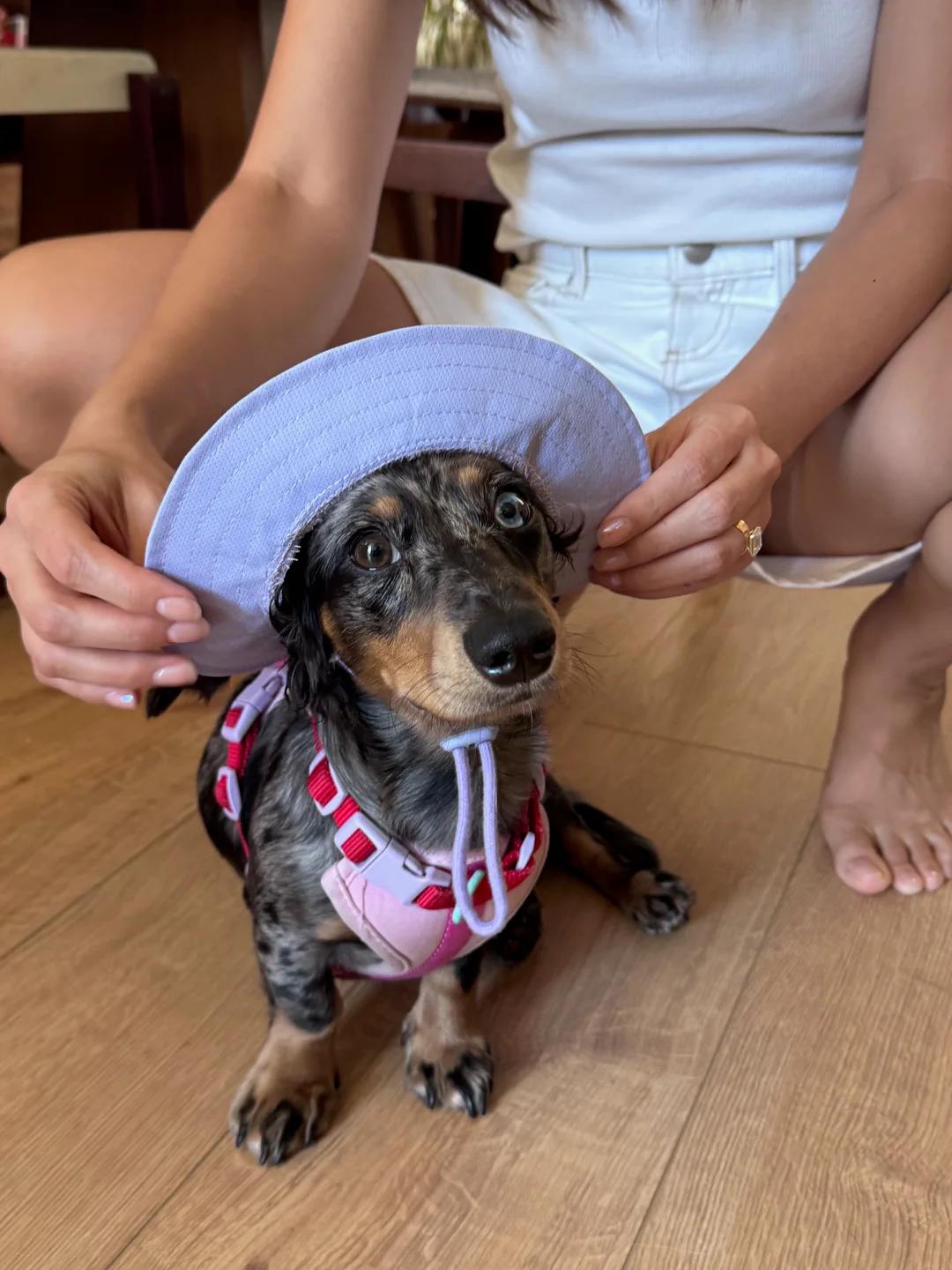 Stowe looking up in her lavender bucket hat